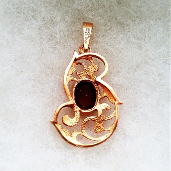 Vintage Russian Soviet USSR 14K 583 Rose Pink Gold Red Chalcedony Pendant - Picture 5 of 5